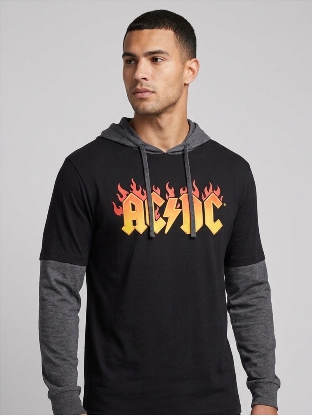AC/DC Black Summer Hoodie Tee with Yellow & Red Flame Logo size Larger